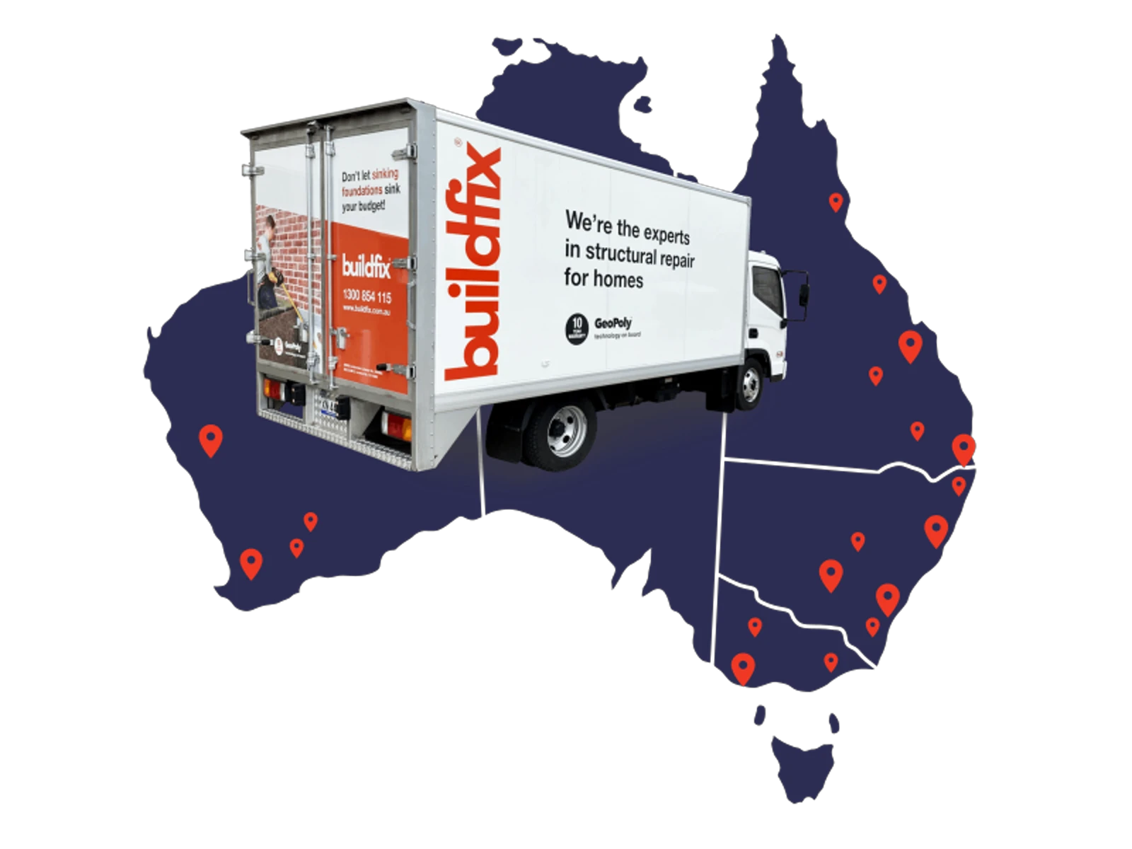 Buildfix coverage map of Australia showing service locations across NSW, VIC, QLD, and ACT