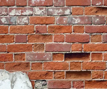 Brick wall with faces crumbling and mortar eaten back by salt from rising damp