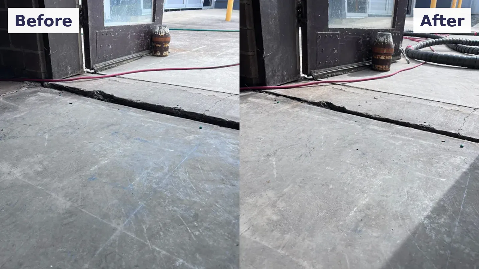Before and after: sunken concrete slab at a CSIRO doorway in Black Mountain, ACT, relevelled with GeoPoly™