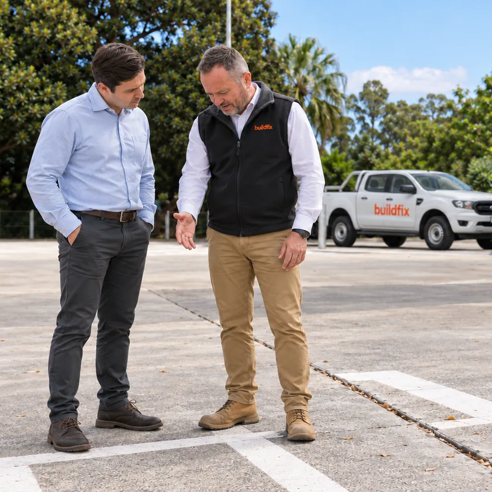 Buildfix structural engineer walking a commercial carpark slab with the client, pointing out the joint