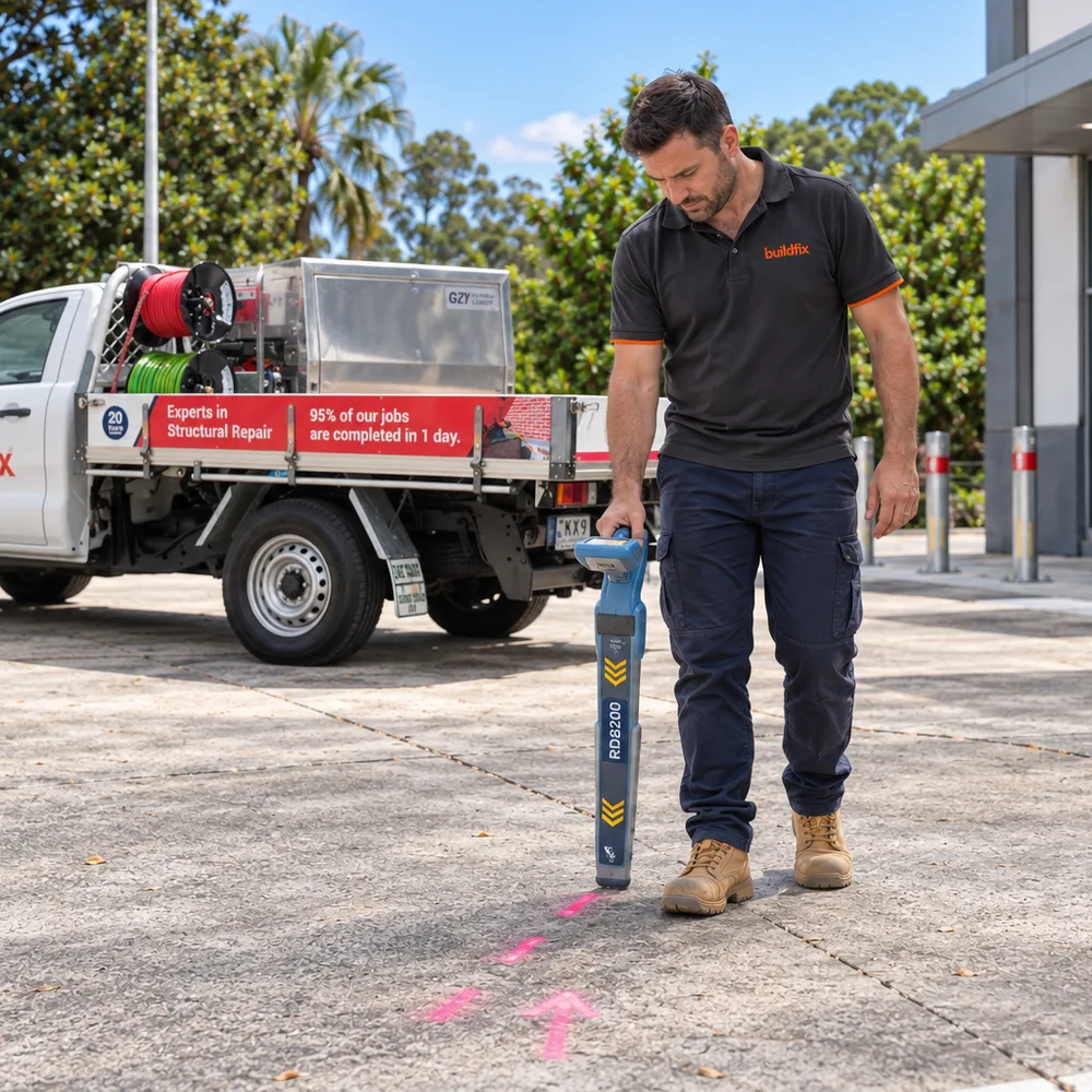 Buildfix technician locating underground services on a commercial slab with a cable locator, marks sprayed on the concrete