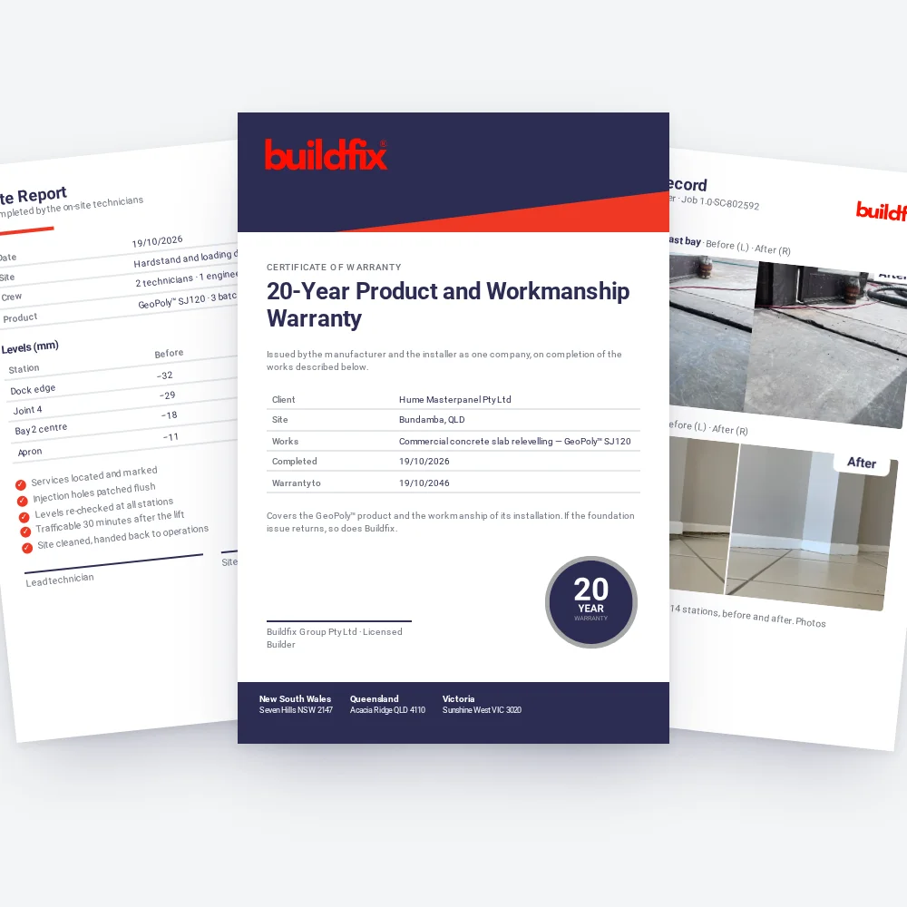 Buildfix completion pack: the 20-year warranty certificate, the technicians' site report with before-and-after levels, and the photo record