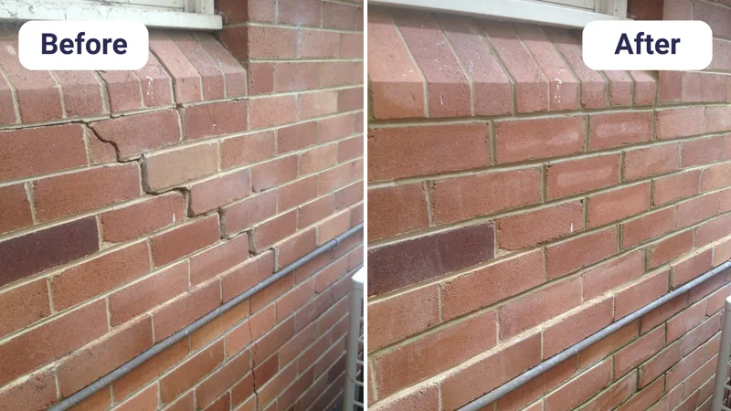 Brick wall crack before and after HelicalBar repair