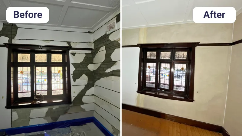 Cracked plaster wall before and after repair