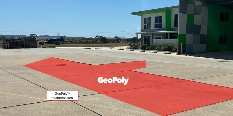 Engineer’s repair detail marking the GeoPoly™ treatment area in red across the sunken hardstand at Bundamba