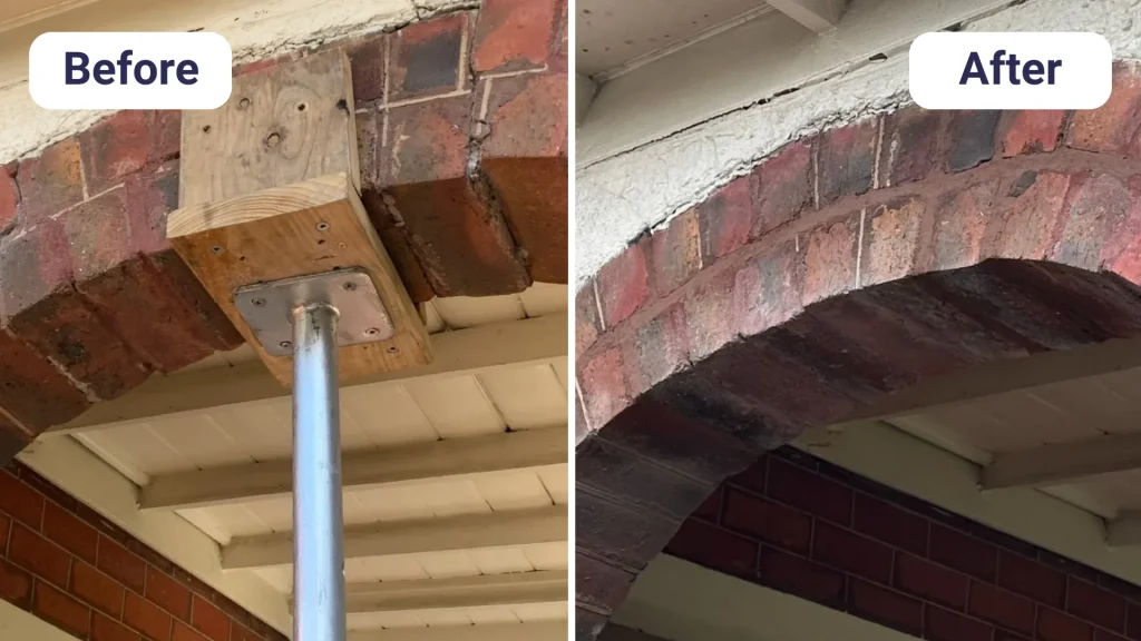 Before and after of repaired brick archway on California Bungalow