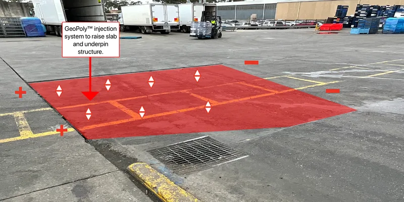 Buildfix repair detail marking the GeoPoly™ treatment area in red across the Girraween loading dock slab beside the drain