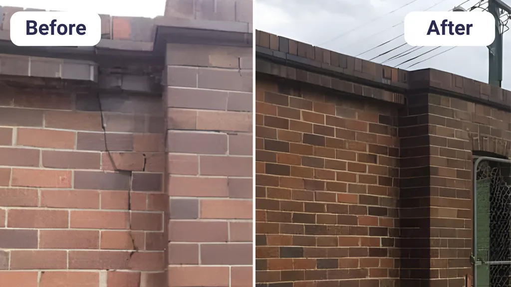 Heritage fairground wall before and after structural crack repair by Buildfix