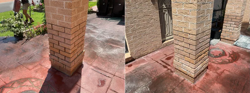 Before and after comparison of brick balcony pillar at Prestons home showing improvement after DampBlock treatment