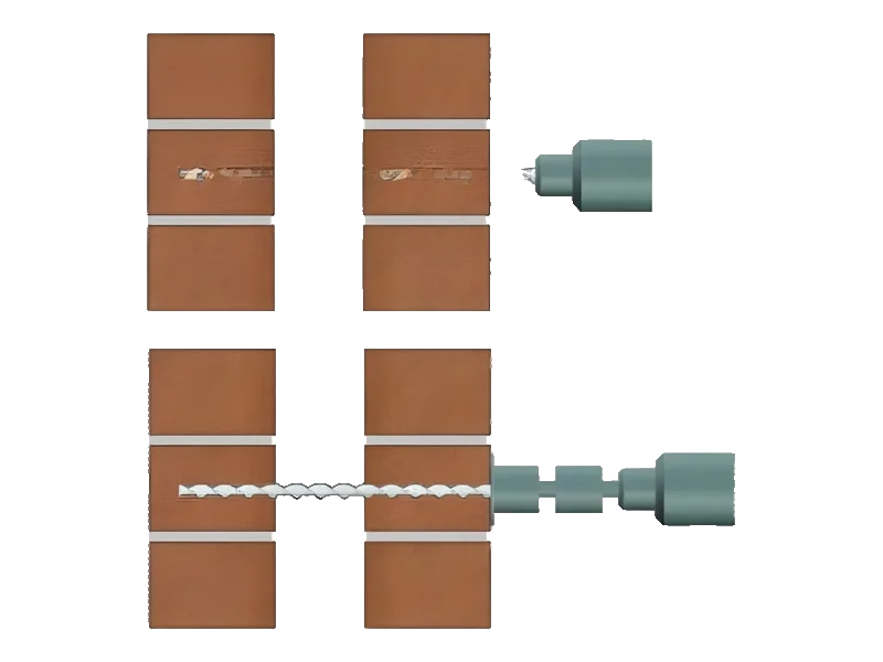 Cross-section showing helical wall tie drilled through outer brick leaf, across cavity, into inner leaf
