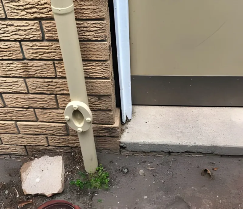 Brick wall shifting away from door frame at ground level showing visible gap at the base