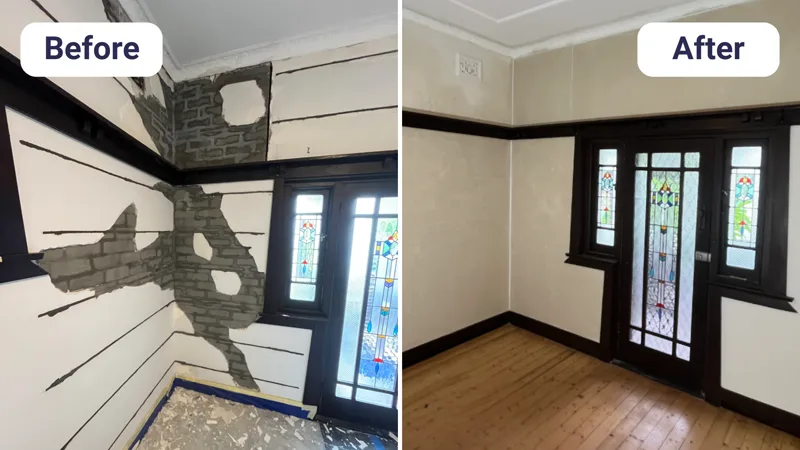 Heritage room with severe plaster cracking before and after HelicalBar repair