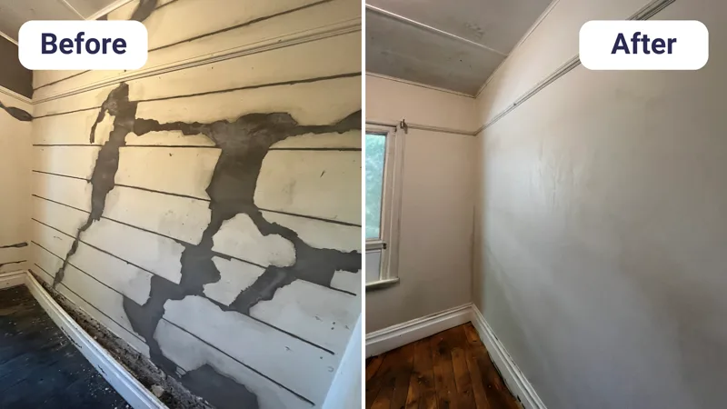 Cracked plaster around arch window before and after concealed structural repair