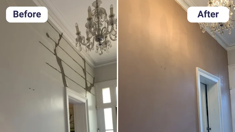 Hallway wall and ceiling cracks before and after plaster repair