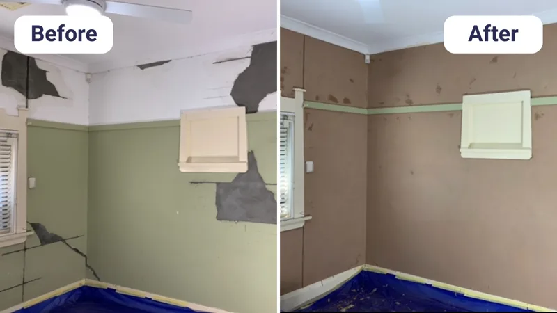 Internal wall with peeling plaster and ceiling damage before and after repair