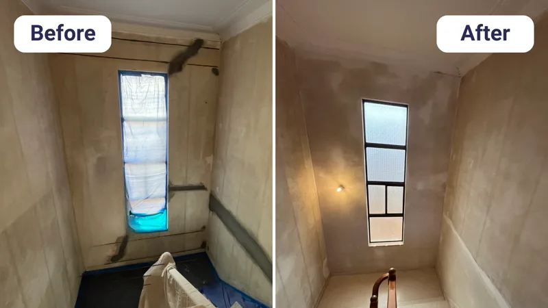 Stairwell plaster cracks before and after smooth replastering