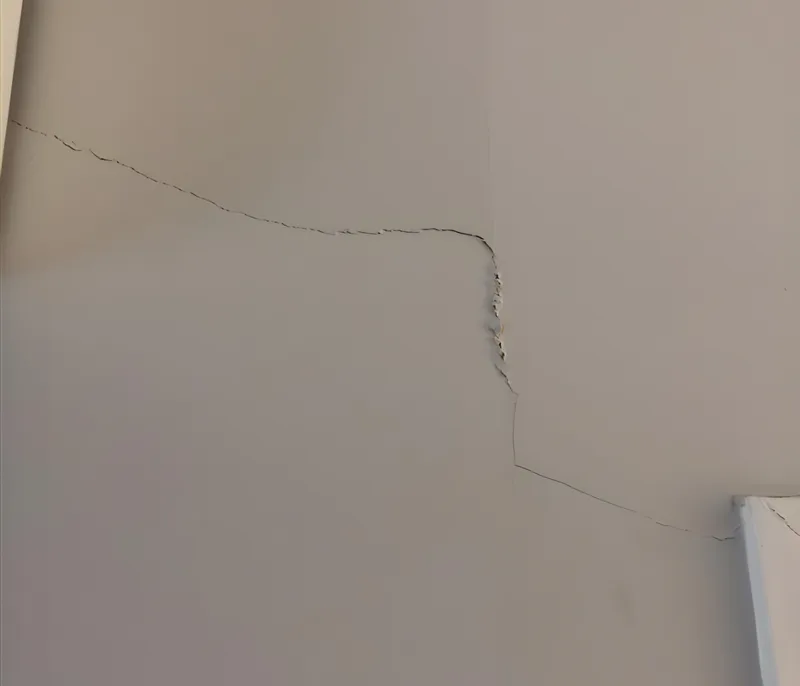 Branching plaster crack on internal wall that opens and closes with seasonal moisture changes