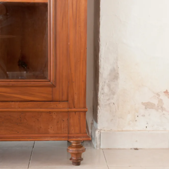Interior wall beside a timber cabinet with brown and pink tide-mark stain creeping up from the base, plaster discolouring and peeling