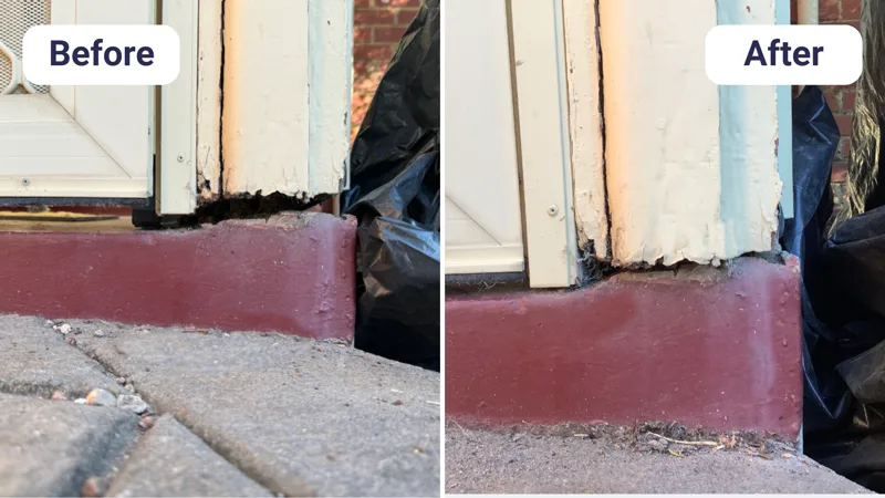 Sunken concrete slab at door threshold lifted back to brick wall