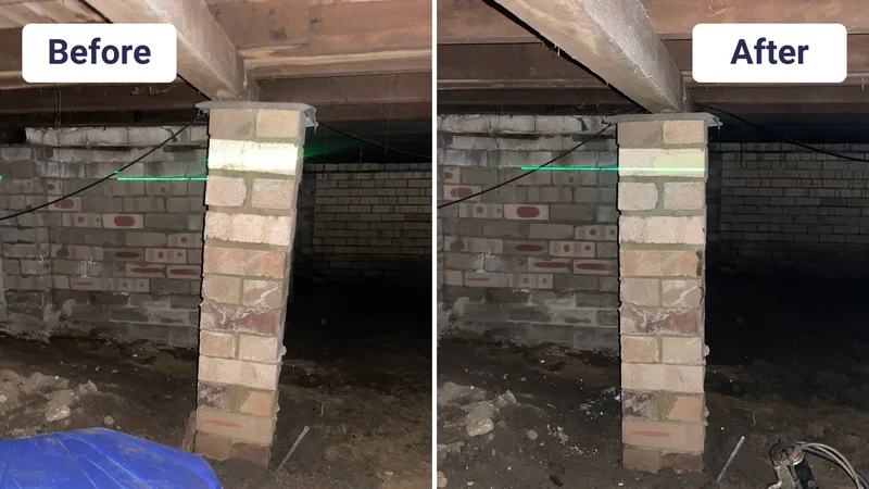 Sinking brick pier re-levelled with GeoPoly before and after