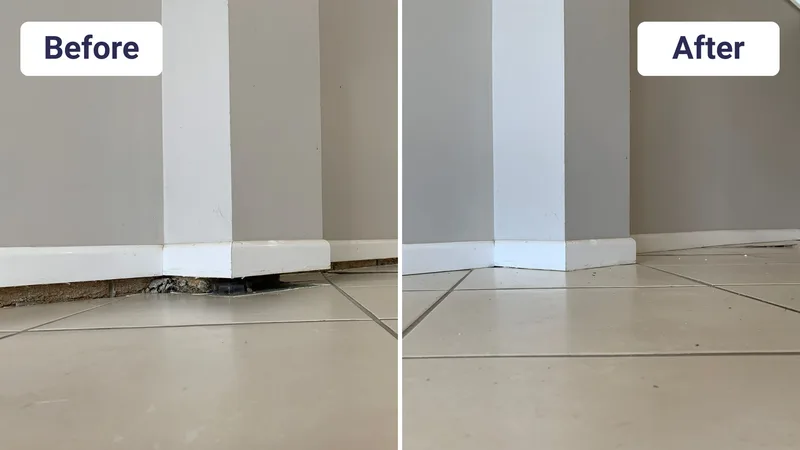 Sinking floor lifted back to level at skirting board before and after
