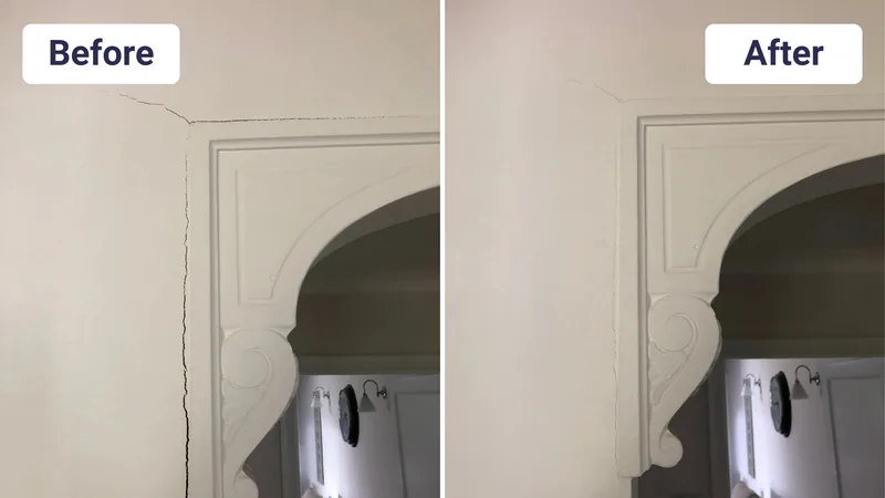 Floor gap at wall closed after pier repair before and after