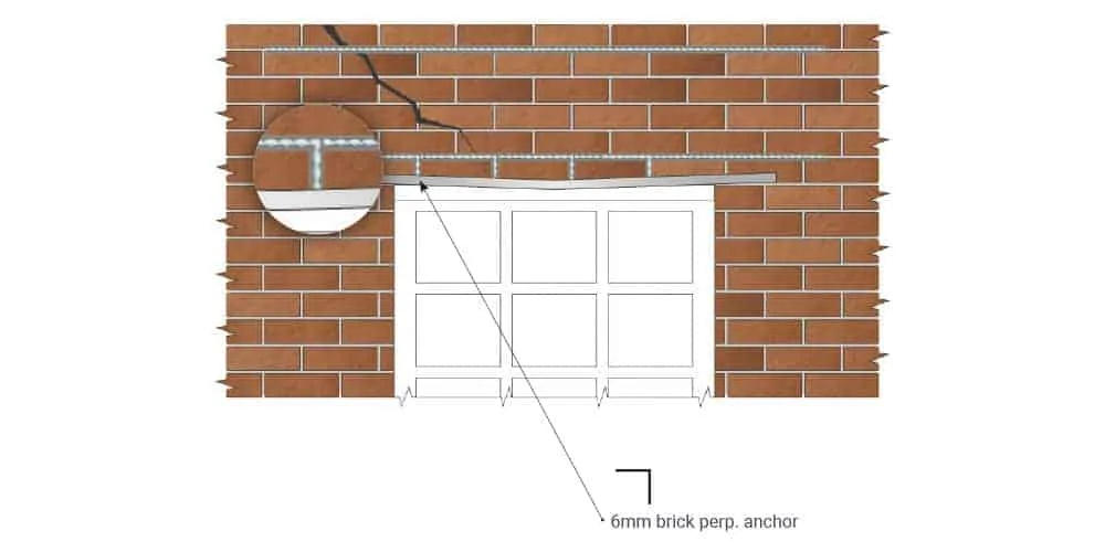 Diagram of HelicalBars and a 6mm brick perp anchor reinforcing a failed angle-iron lintel