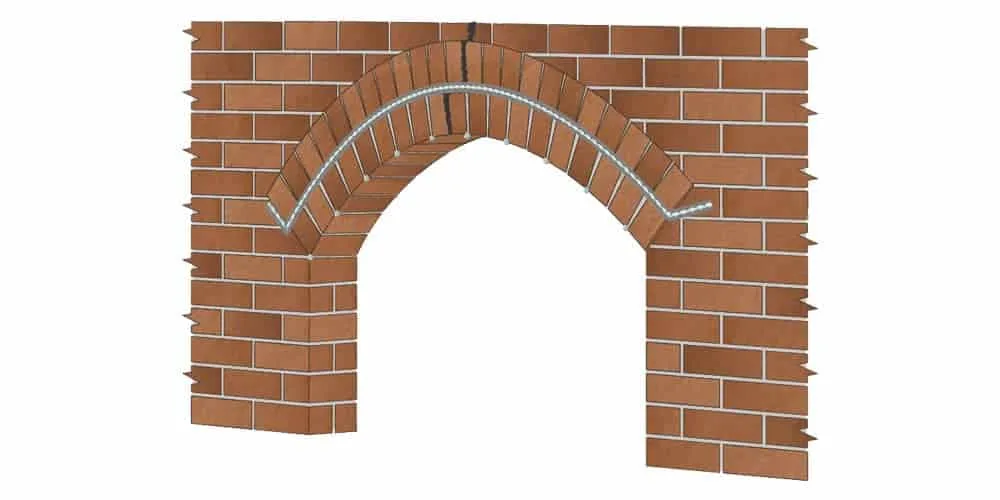 Diagram of HelicalBar reinforcement following the curve of a cracked brick arch