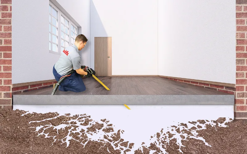Concrete relevelling — GeoPoly™ resin lifting a sunken concrete slab back to level