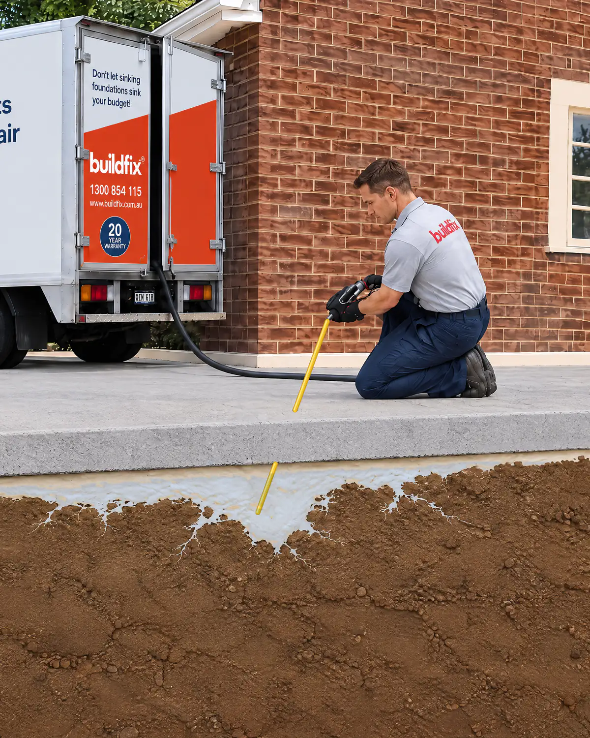 GeoPoly resin injection through small holes lifting a sunken concrete slab