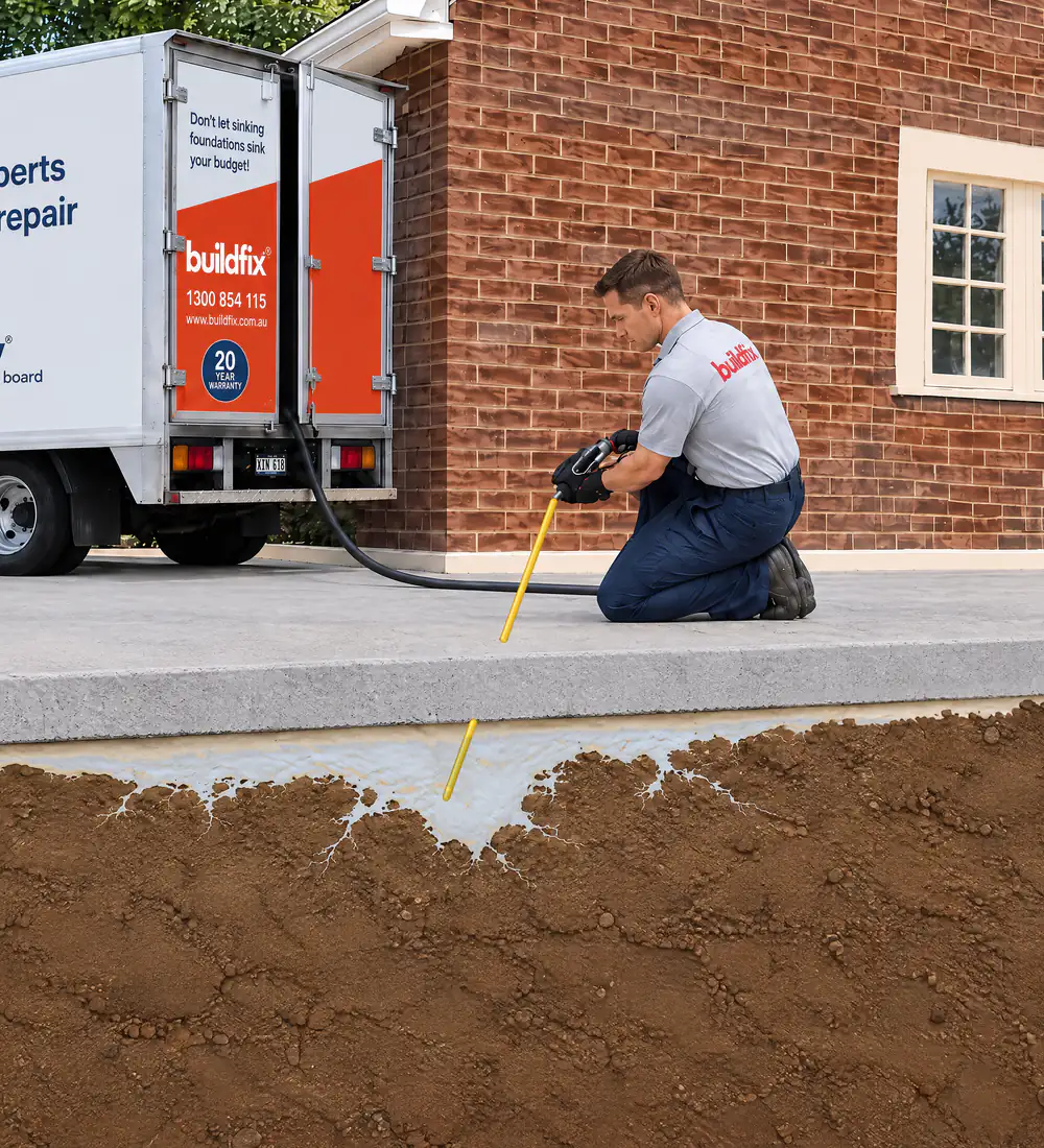 GeoPoly resin injection through small holes in sunken concrete slab