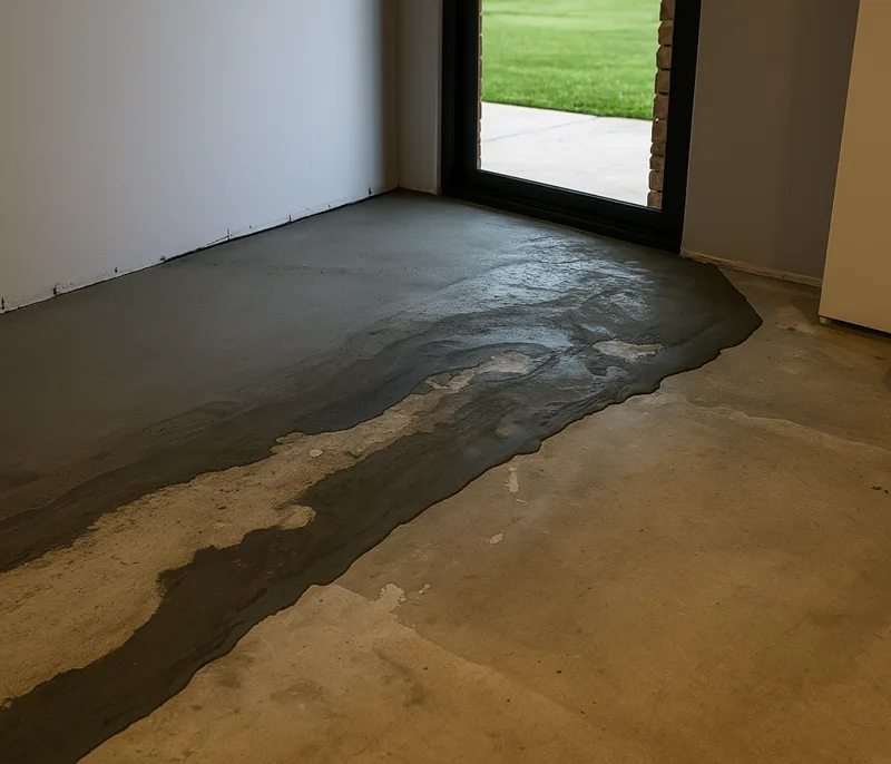 Self-levelling cement compound being poured over a concrete floor slab