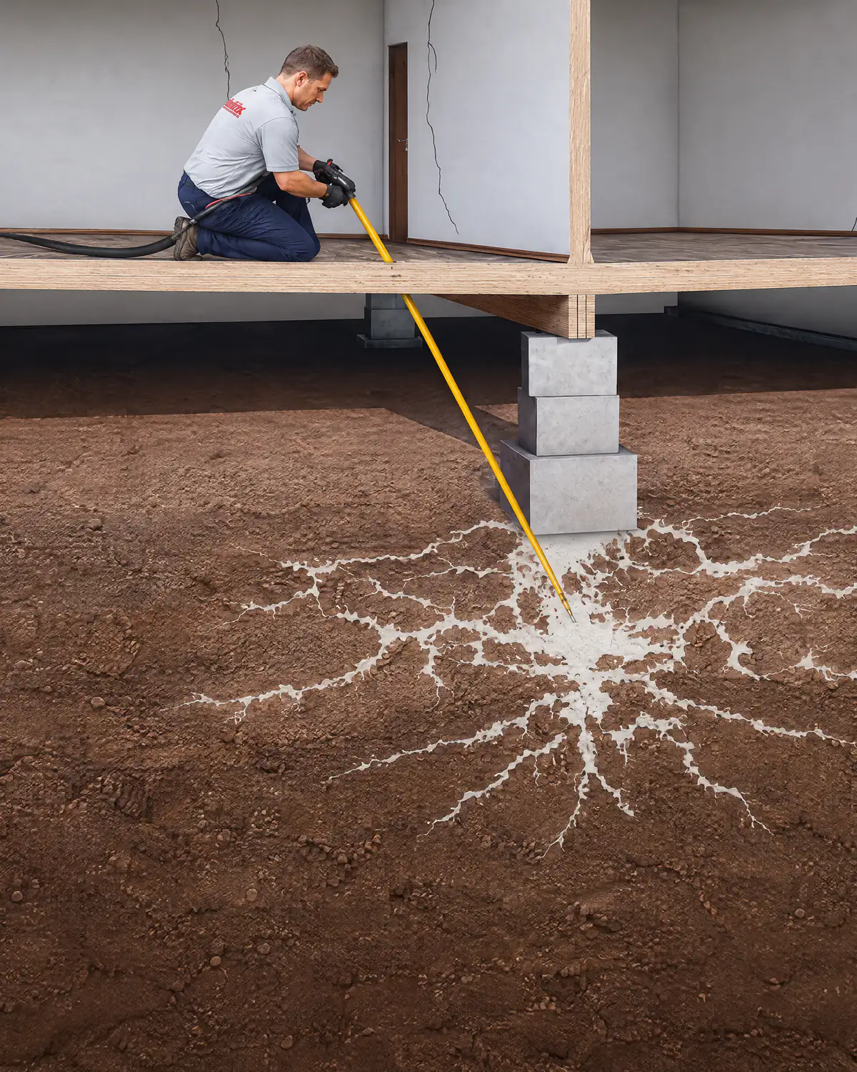 GeoPoly resin injection beneath sinking floor piers to level a timber floor