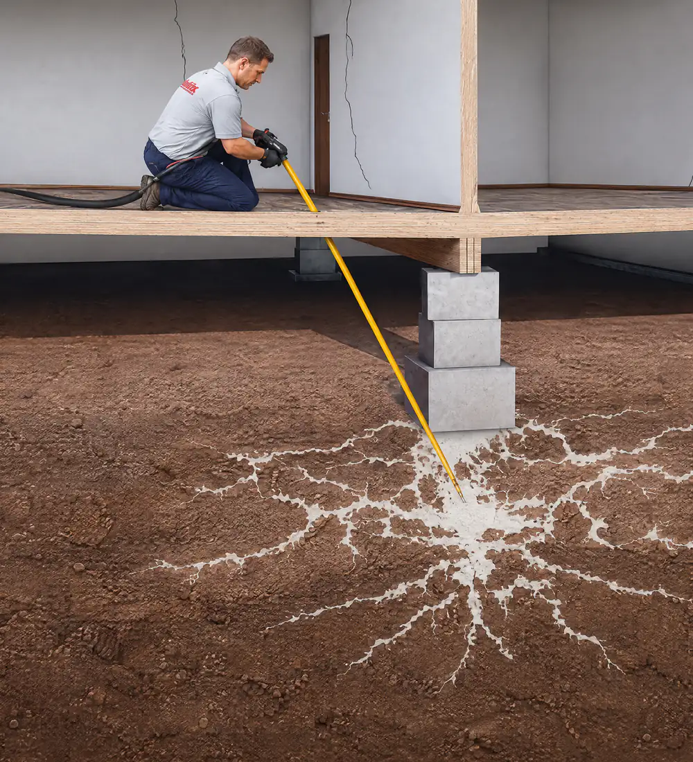 GeoPoly resin injection beneath sinking floor piers to level a timber floor