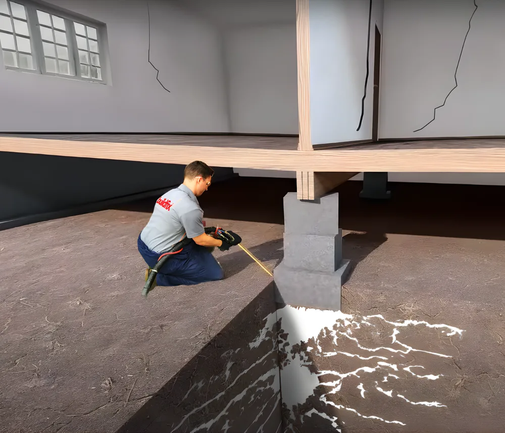 Buildfix technician inspecting foundation beneath subfloor with cracked walls above