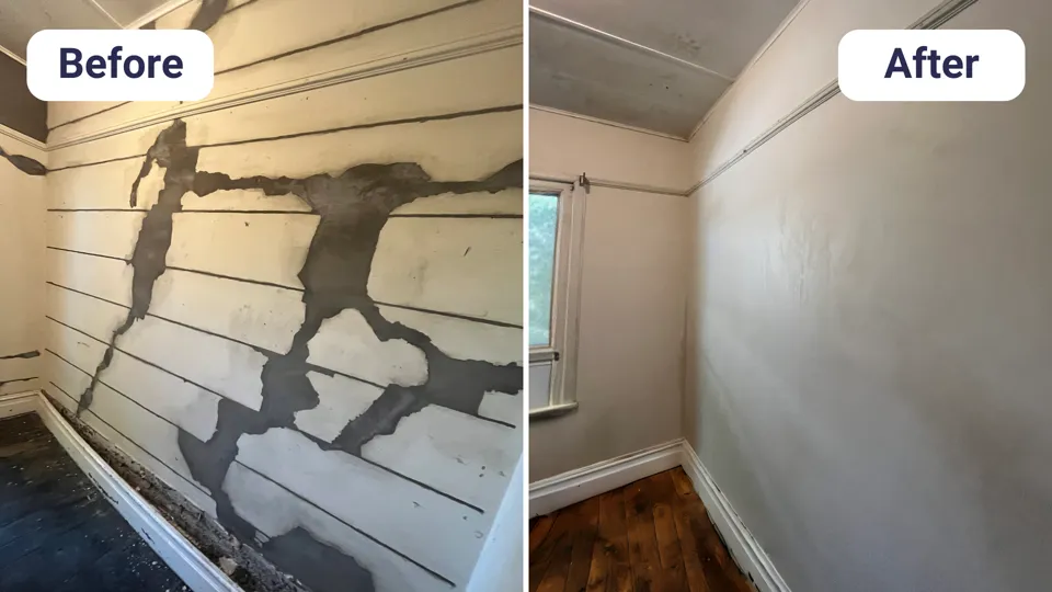 Plaster wall repair before and after — cracked archway restored