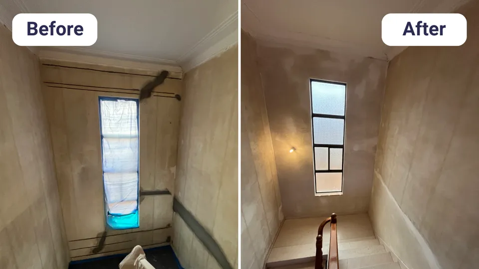 Plaster wall repair before and after — wall crack repaired and finished smooth