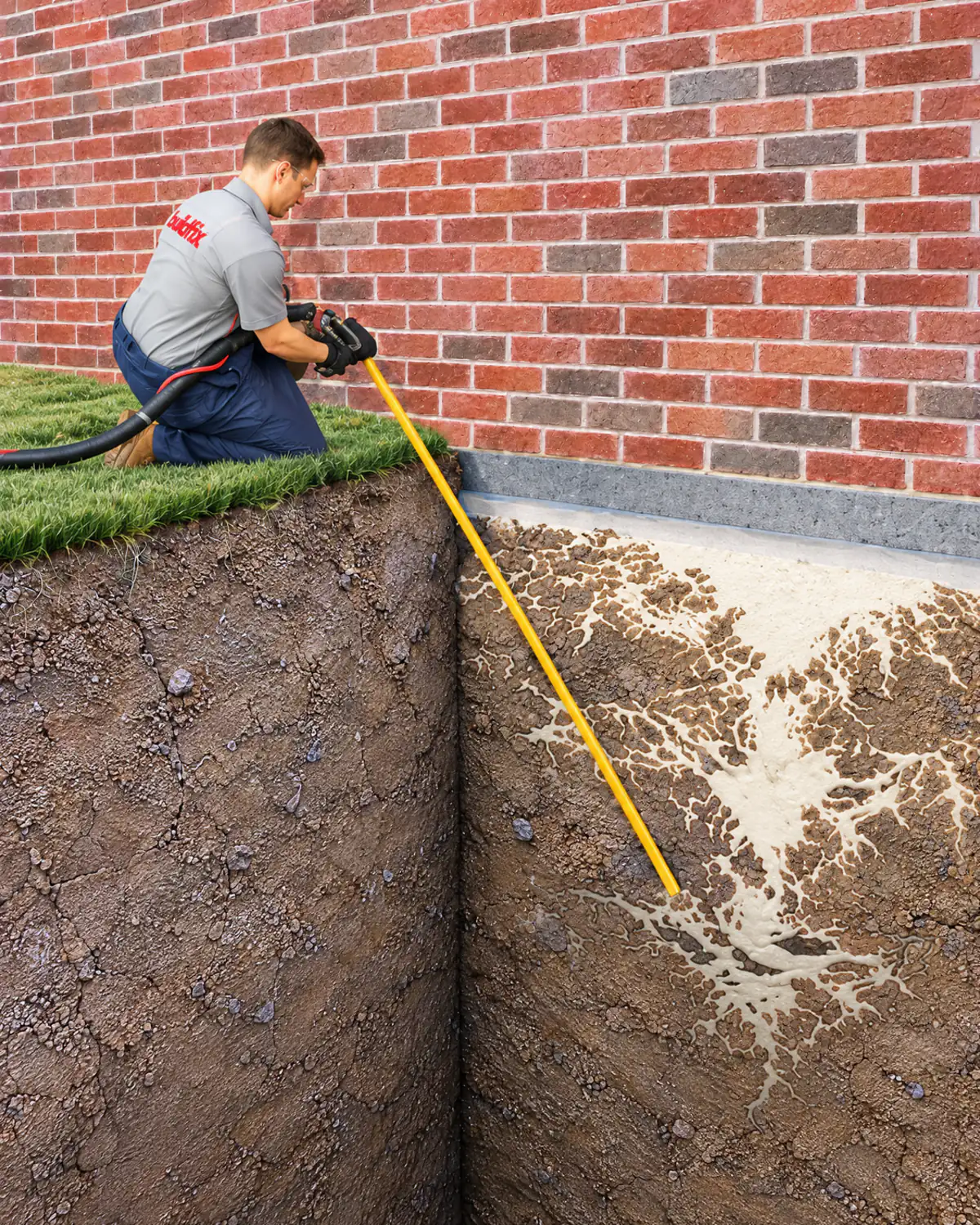 Buildfix technician injecting GeoPoly resin deep beneath a brick home’s footing to lift and relevel the foundation