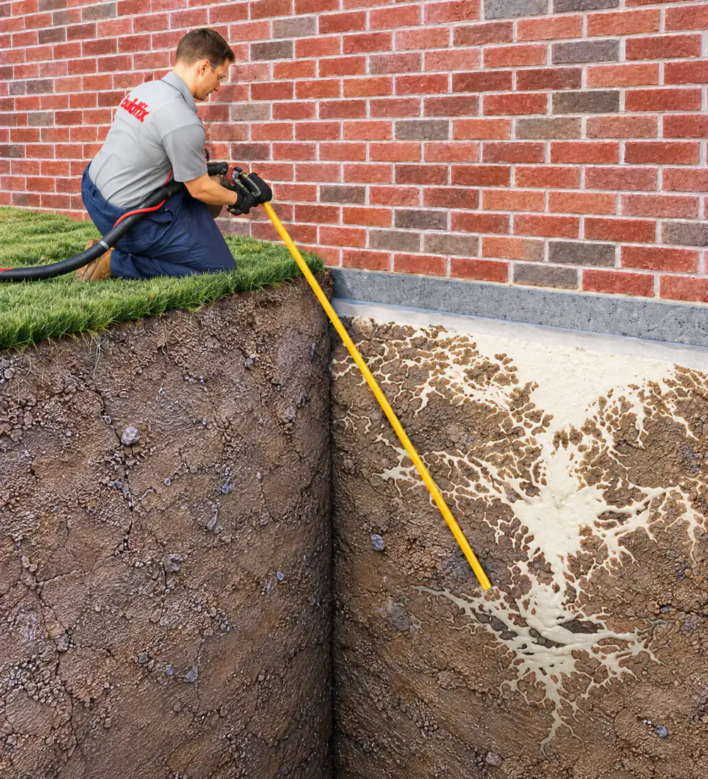Buildfix technician injecting GeoPoly resin deep beneath a brick home’s footing to lift and relevel the foundation