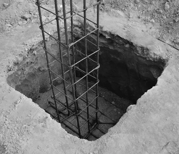 Reinforced concrete beam and base pads beneath a brick wall footing