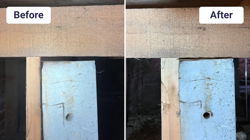 Concrete stump and bearer gap closed after stump lifting before and after