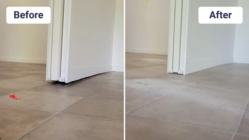 Door gap at tiled floor closed after stump lifting before and after