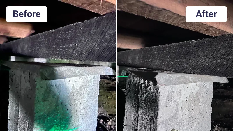 Concrete stump lifted back into contact with bearer before and after