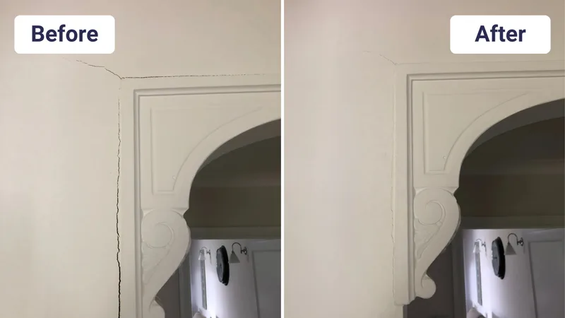 Wall crack beside archway closed after stump lifting before and after