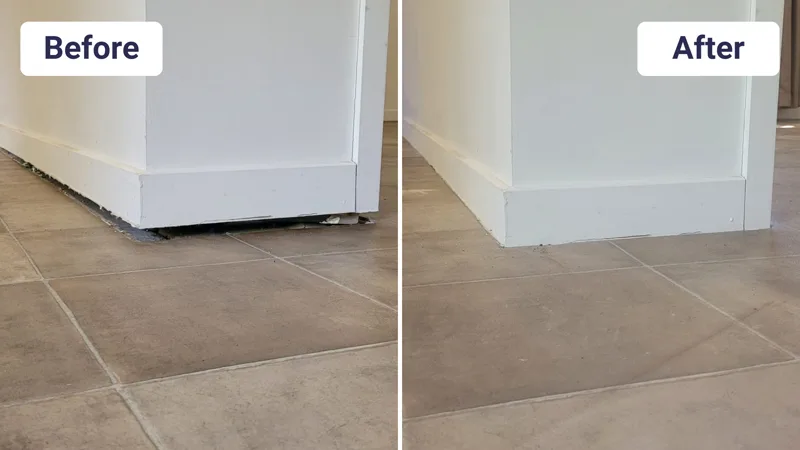 Gap at skirting board on tiled floor closed before and after
