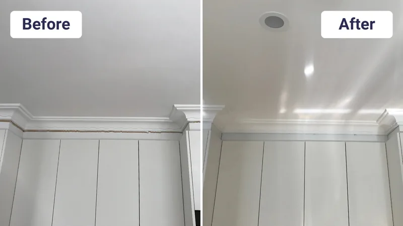 Cornice gap at ceiling closed after floor levelling before and after