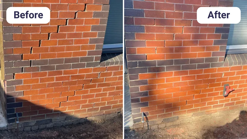 Brick wall subsidence crack before and after GeoPoly repair