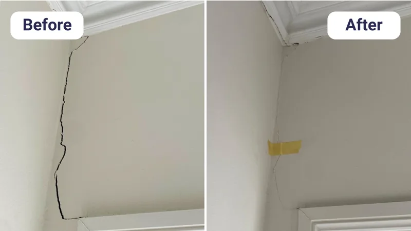 Subsidence crack in render before and after repair