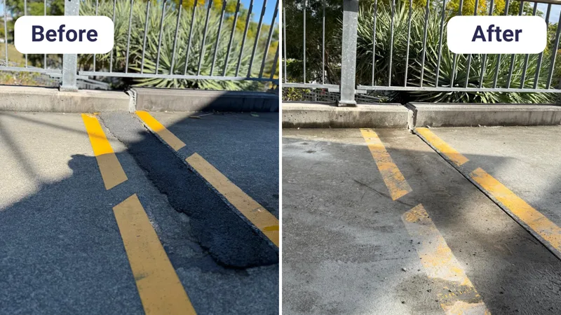 Before and after: public bikeway slab at Roma Street Parkland relevelled with the crossfall corrected for drainage