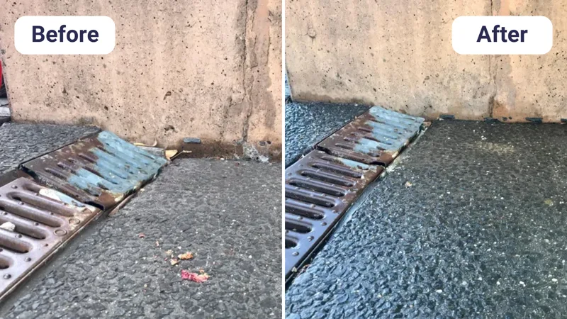Before and after: sunken drainage grate at Roma Street Parkland relevelled flush against the retaining wall